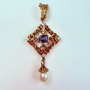 Estate 14K Gold 1.4 CT Tanzanite & Diamond & Pearl Lavalier Pendant VTG Enhancer